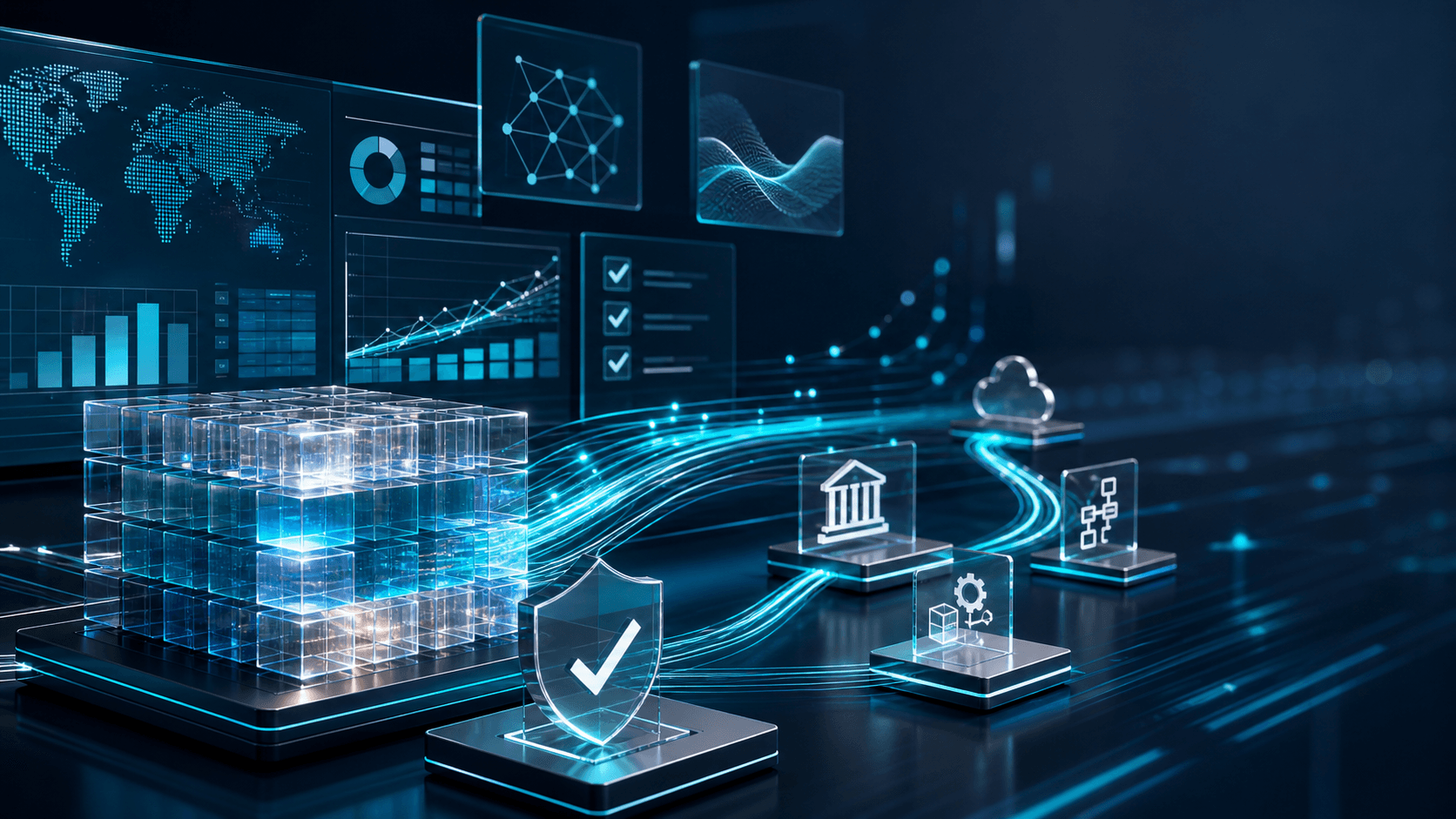 Executive dashboard concept with governed data flows and performance reporting panels