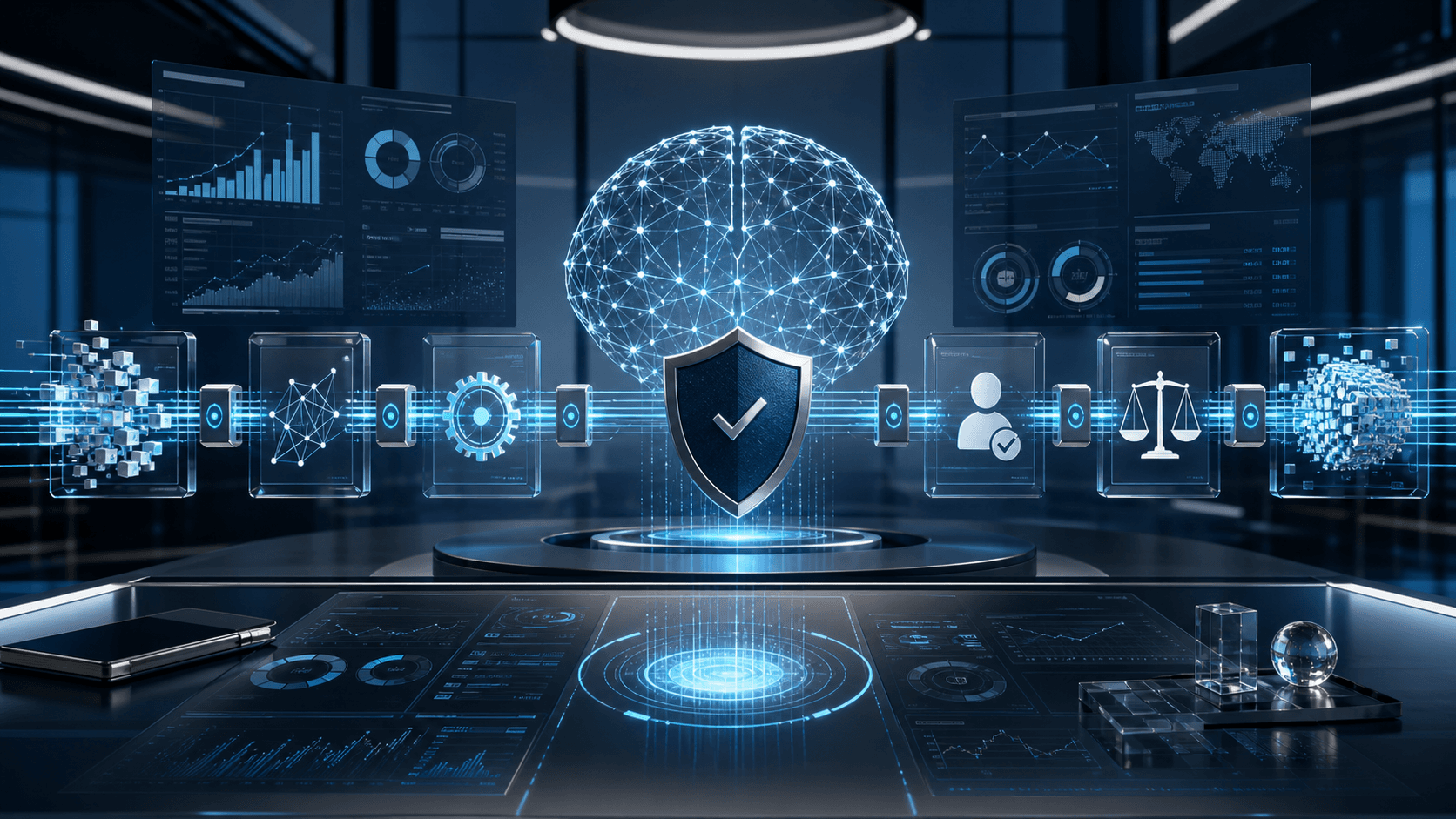Responsible AI governance concept with neural network, shield, and risk controls